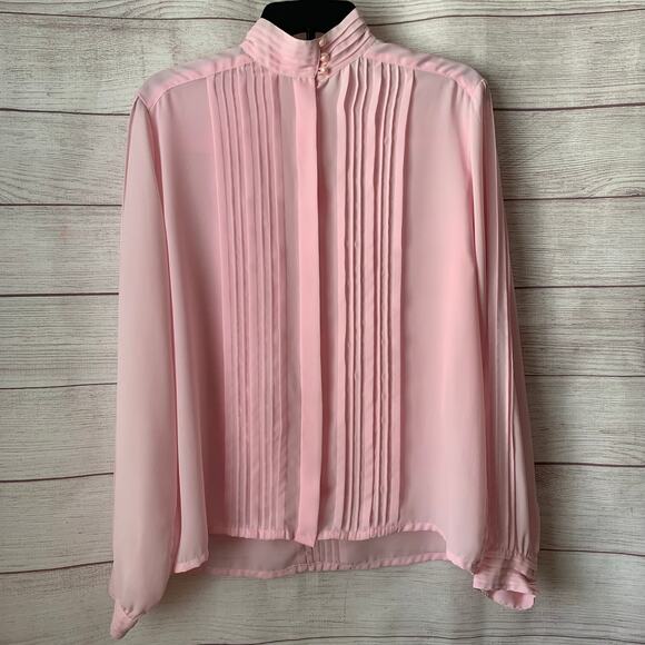 Vintage Pink Button Up Blouse Pleated Mandarin Collar Long Cuffed Sleeves 14 - Picture 1 of 12